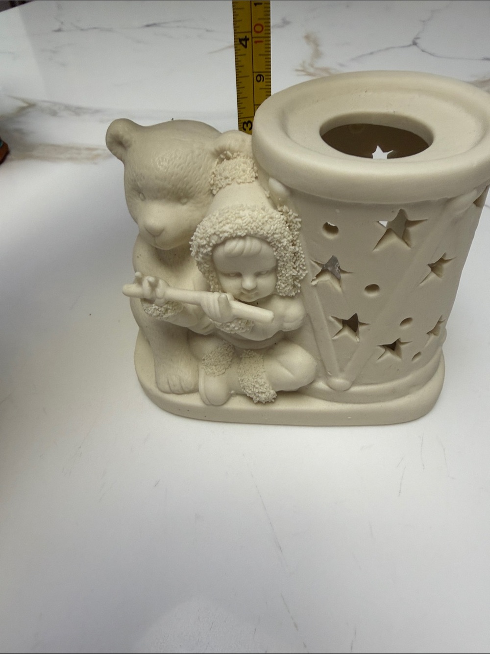 Ivory Ceramic Angel Musician Candle Holder snow bunny collection